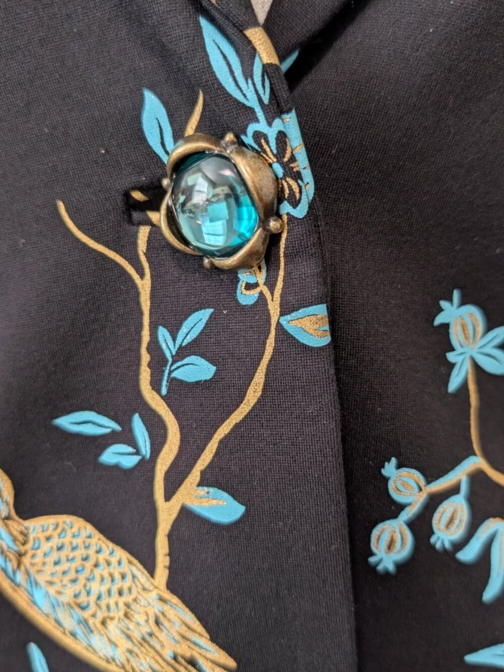 Soft Surroundings Size S Black Blue Gold Chinoiserie Bird Floral Blazer Pant Set - Picture 9 of 12